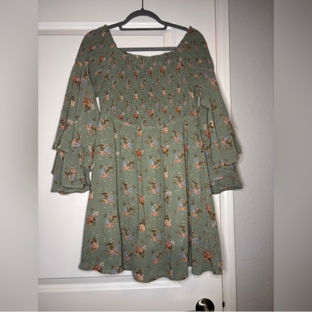 JODIFL Green and Orange Smocked Dress